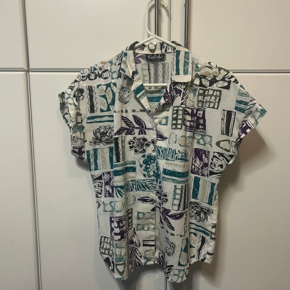 Caliche Womens Abstract Geometric Floral Button Up Shirt Short Sleeve Teal